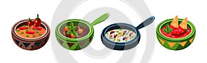 Bright Mexican Food and Dish Served on Plate Vector Set