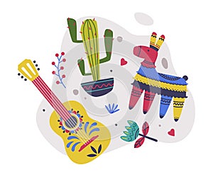 Bright Mexico Object with Cactus, Guitar and Pinata Element Vector Composition