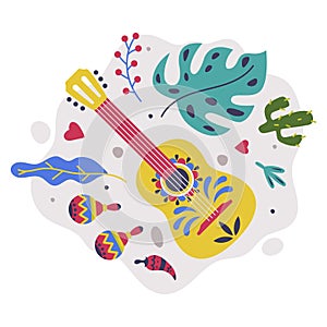 Bright Mexico Object with Guitar, Maraca and Foliage Element Vector Composition