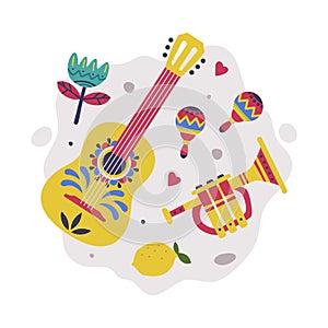 Bright Mexico Object with Guitar, Maraca and Trumpet Element Vector Composition