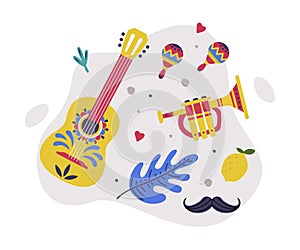 Bright Mexico Object with Guitar, Trumpet and Maraca Element Vector Composition