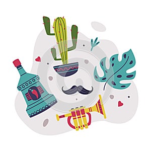 Bright Mexico Object with Peppery Drink Bottle, Cactus and Trumpet Element Vector Composition