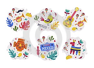 Bright Mexico Object with Pinata, Guitar and Mask Element Vector Composition Set