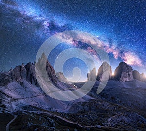Bright Milky Way over mountains at starry night in summer