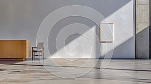 Bright, minimal interior space with wooden desk and empty frame casting shadows in natural light