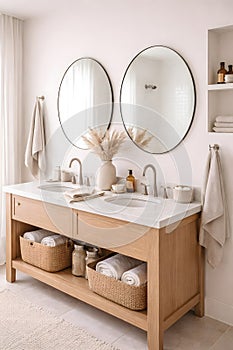 Bright Minimalist Bathroom with Double Vanity, Natural Light and Neutral Decor