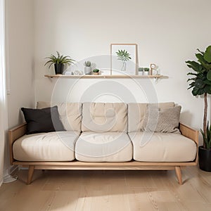 Bright minimalist beige room with sofa plant and table and big empty wall mock up