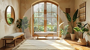 Bright minimalist entryway with large window and green houseplants