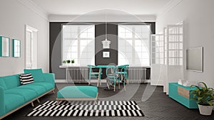 Bright minimalist living room with sofa and dining table, scandinavian white and turquoise interior design photo