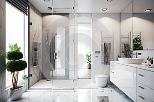 A bright modern bathroom with a large shower and a large mirror, 3D Rendering.