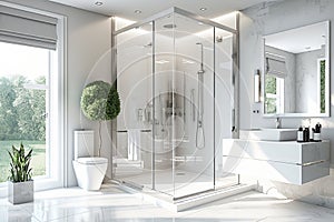 A bright modern bathroom with a large shower and a large mirror, 3D Rendering.