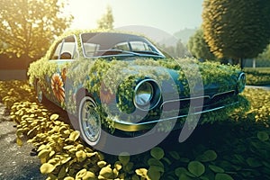 Bright modern car made of plants, on highway