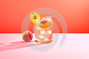 Bright, modern and cocktail of peach spritzer on red background in color Luscious Red. Copy space. Close-up. Generative