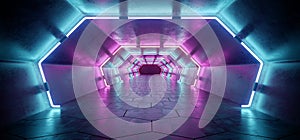 Bright Modern Futuristic Alien Reflective Concrete Corridor Tunnel Empty Room With Purple And Blue Neon Glowing Lights Hexagon Fl