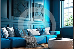 bright modern home interior blue with panels on walls and sofa