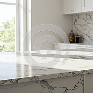 Bright, modern kitchen interior with sunlight streaming through windows. Features a