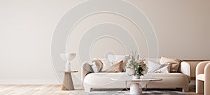 Bright modern living room mockup, beige sofa with marble coffee table and flower vase on white background, panorama