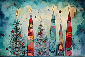 Bright modern loose watercolour style christmas candle scene