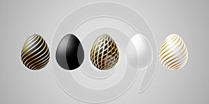 Bright modern luxury Easter eggs Set of white black gold elegant egg with spiral lines pattern on a light background Egg design