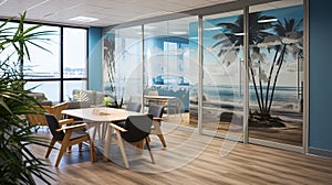 A bright and modern meeting room features large windows offering an unobstructed view of the sea