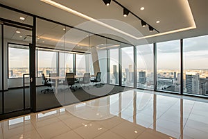 Bright modern office with city view, white floors, recessed lighting, light walls