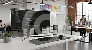Modern office desk setup with computer screen displaying code, team collaboration, and creative workspace