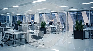 Bright modern office space with desks chairs and computers ready for work