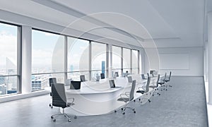 A bright modern panoramic meeting room in a modern office with New York city view. photo