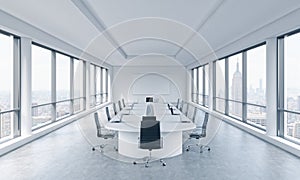 A bright modern panoramic meeting room in a modern office with New York city view. The concept of the meeting of the Board of Dire photo