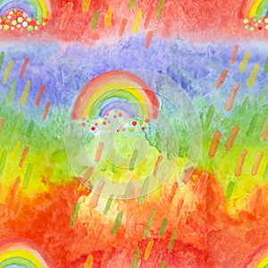 Bright modern seamless pattern with hand drawn rainbows and rainy drops. Watercolor rainbows for kids textile, fabric prints,