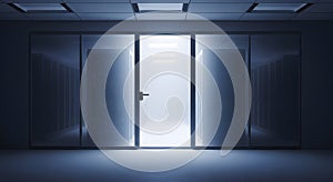 Brightly Lit Entrance to Modern Server Room