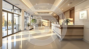 a bright, modern, and spacious hospital entrance, complete with automatic sliding doors and a contemporary reception