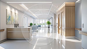 a bright, modern, and spacious hospital entrance, complete with automatic sliding doors and a contemporary reception