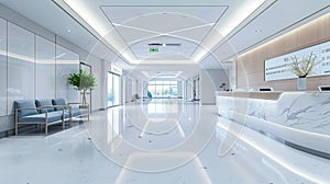 a bright, modern, and spacious hospital entrance, complete with automatic sliding doors and a contemporary reception