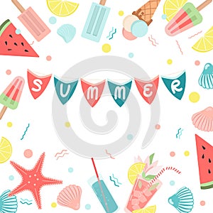 Bright Modern Summer Banner. Summer items  clip art set. Trendy vector flat icons, isolated on white. Design for web and print