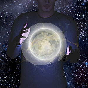 Bright moon hovers between mans palms