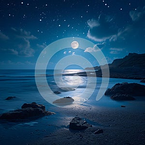 Bright moonlit night, captivating sea landscape, peaceful coastal scenery