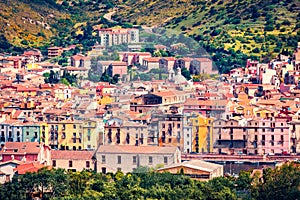 Bright morning cityscape of Bosa town, Province of Oristano, Italy, Europe