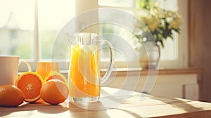 Bright morning table scene with fresh squeezed orange juice on a table on a sunny morning day