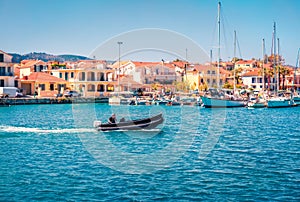 Bright morning view of Lixouri port. Amazing summer seascape of Ionian Sea.