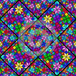 Bright mosaic seamless pattern of multicolored squares, rhombuses and triangles