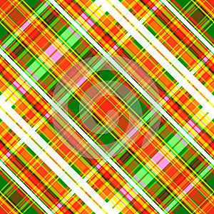 Bright motley checkered seamless pattern. Diagonal intersection of stripes, print in white, yellow, green and scarlet colors