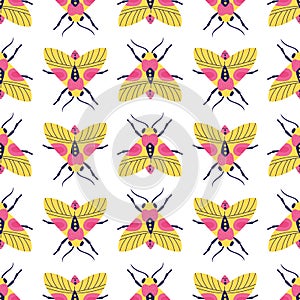 Bright motley seamless pattern with moths and butterflies on white background.