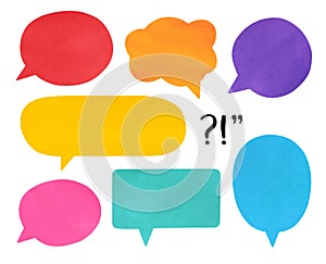 Bright multi color speech bubbles of various shapes and punctuation mark symbols.