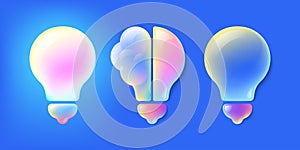 Bright multi-colored 3D light bulb half brain on a blue background