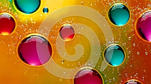 Bright multi-colored bubbles and drops, abstract liquid background