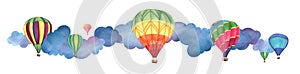 Bright multi-colored hot air balloons basket among blue clouds. Elongated border decorative element
