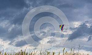 Bright multi-colored kite in free flight above the ground