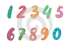 Bright multi-colored numbers in the style of doodles on a white background.