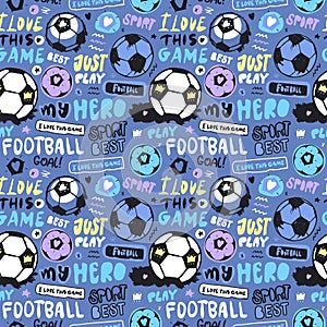 Bright multi-colored seamless pattern with soccer ball and lettering for children. Sports background for textiles.